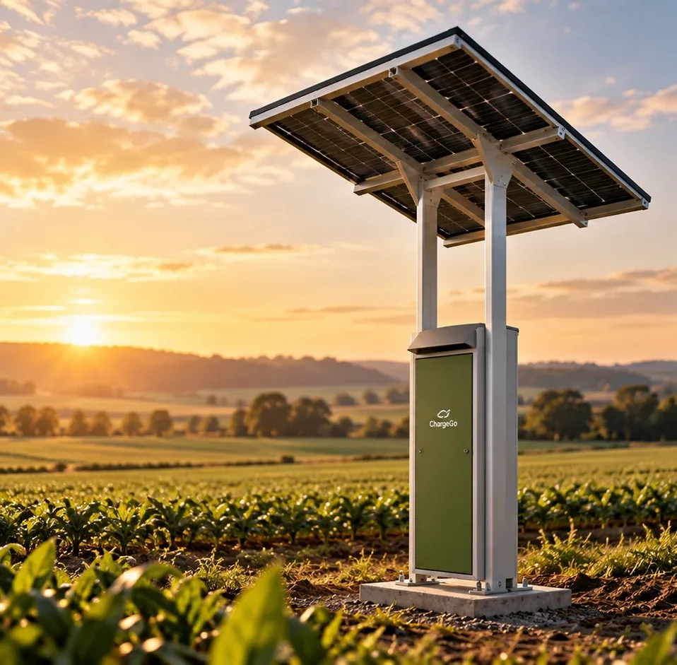 Słupek ChargeGo z panelem fotowoltaicznym i zieloną skrzynką na elektronikę na polu uprawnym o zachodzie słońca