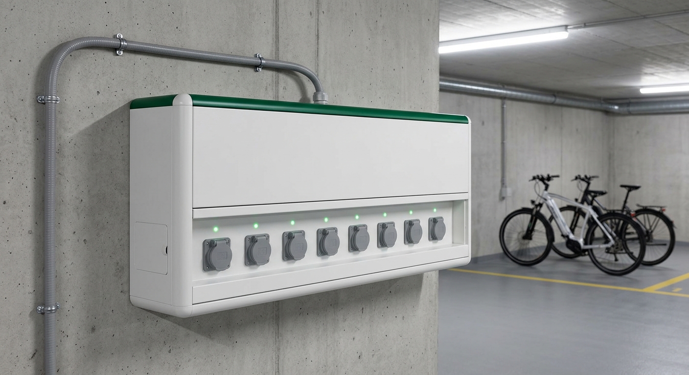 ChargeGo Box — naścienna stacja ładowania rowerów elektrycznych w garażu podziemnym, 8 stanowisk