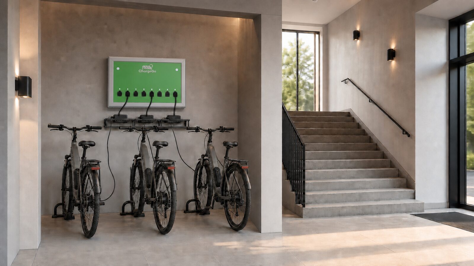 ChargeGo Box — e-bike charging station mounted on the wall of a common area in a multi-family building, next to the stairwell