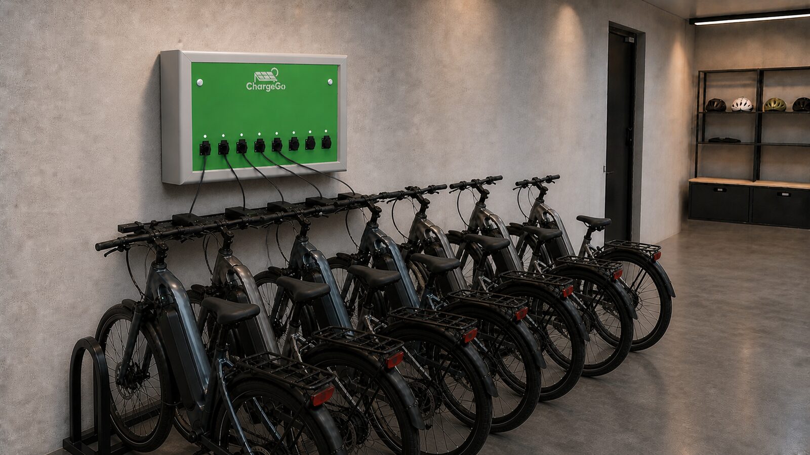 ChargeGo Box – wandmontierte Ladestation für Elektrofahrräder im Gemeinschaftsbereich eines Gebäudes, 8 Ladepunkte