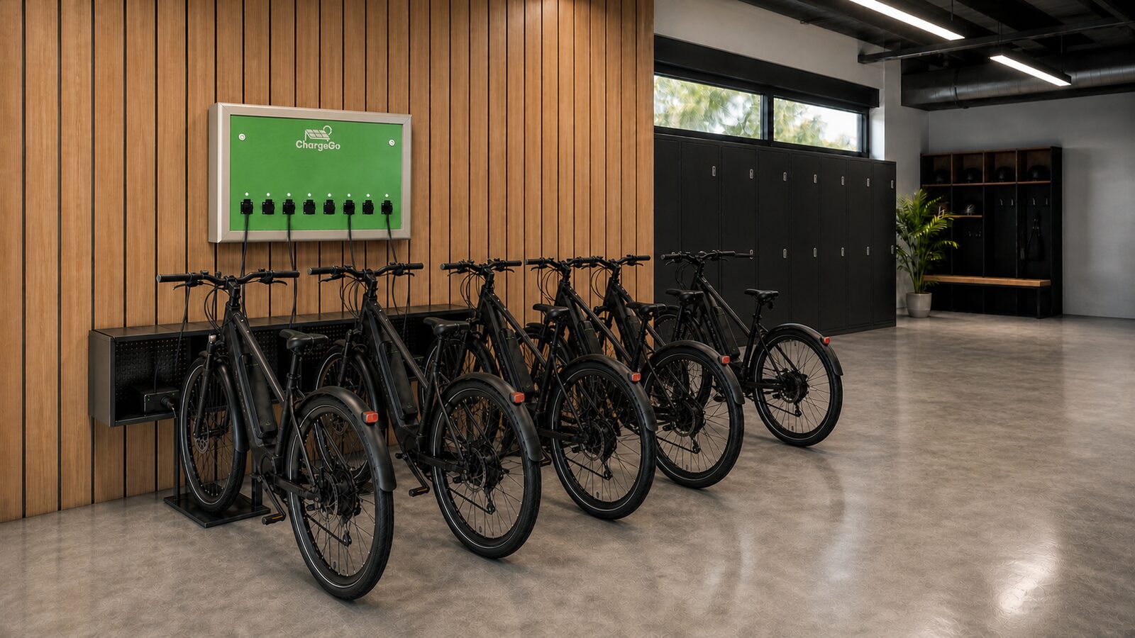 ChargeGo Box — wall-mounted electric bike charging station in a residential bike room, 8 charging points
