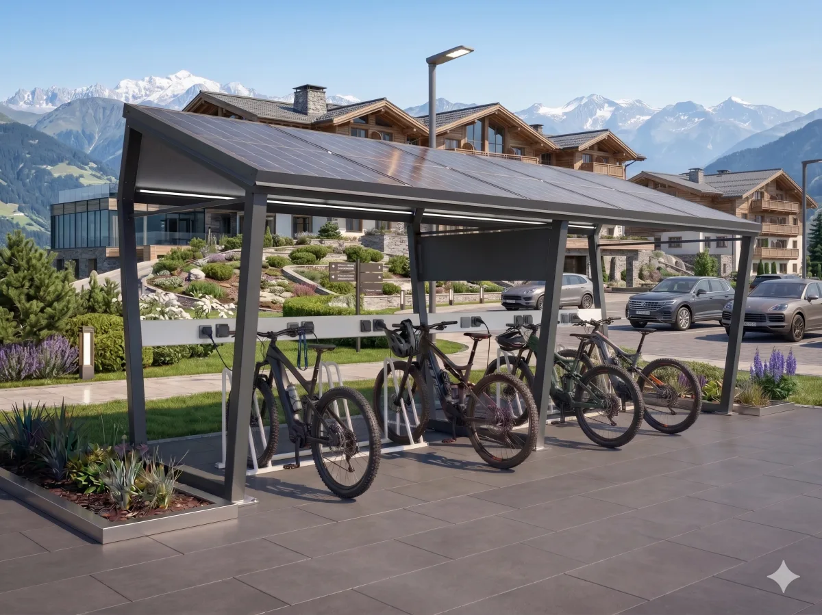 Wiata rowerowa z ładowaniem e-bike przy hotelu górskim — solarna stacja ChargeGo