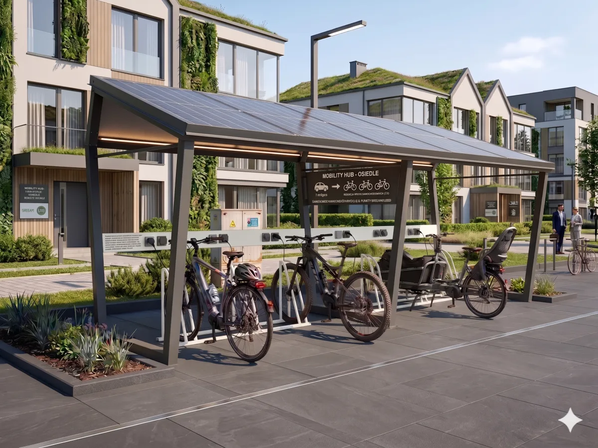 Wiata rowerowa na osiedlu mieszkaniowym — parking rowerowy z ładowaniem e-bike ChargeGo