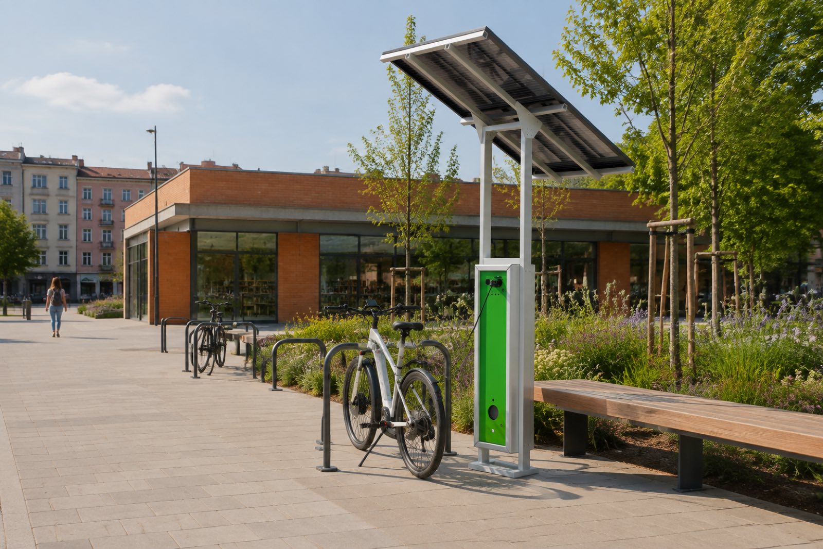 ChargeGo Pole, solarna stacja ładowania rowerów elektrycznych na placu miejskim, rower podpięty do gniazda 230 V
