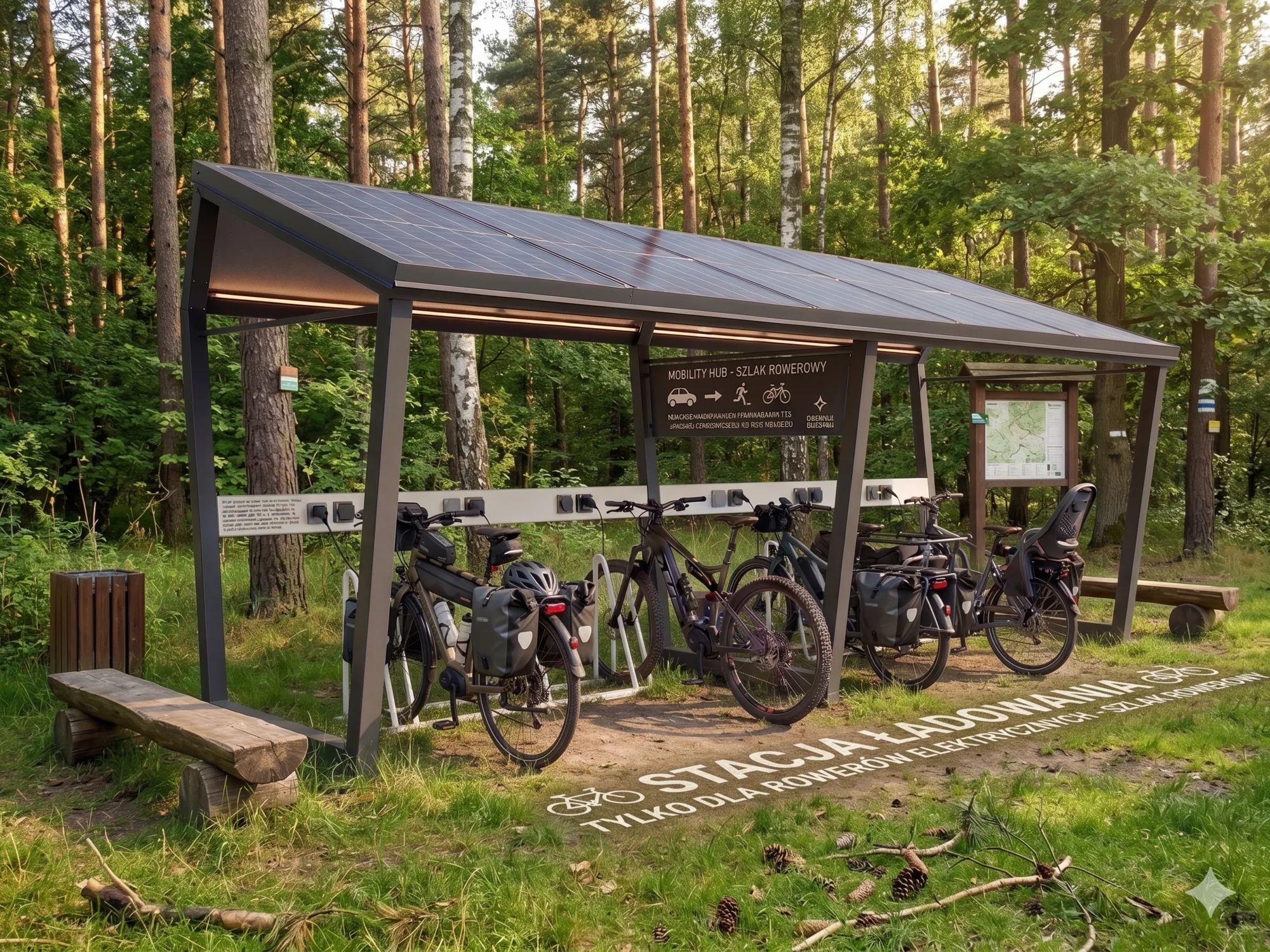 Solarna stacja ładowania rowerów elektrycznych off-grid na szlaku rowerowym