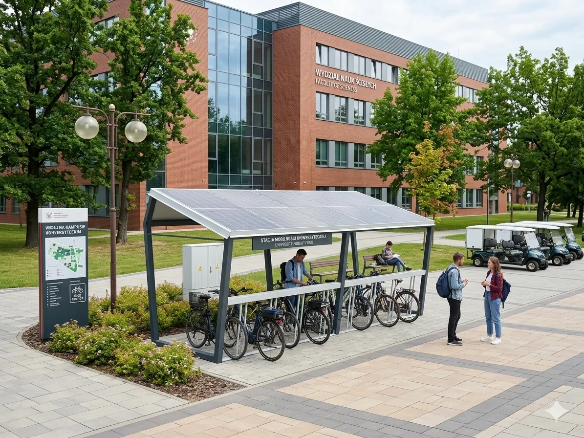 Solarna wiata rowerowa ChargeGo przy kampusie uczelnianym — stacja ładowania e-bike dla studentów i kadry, render w realnej lokalizacji