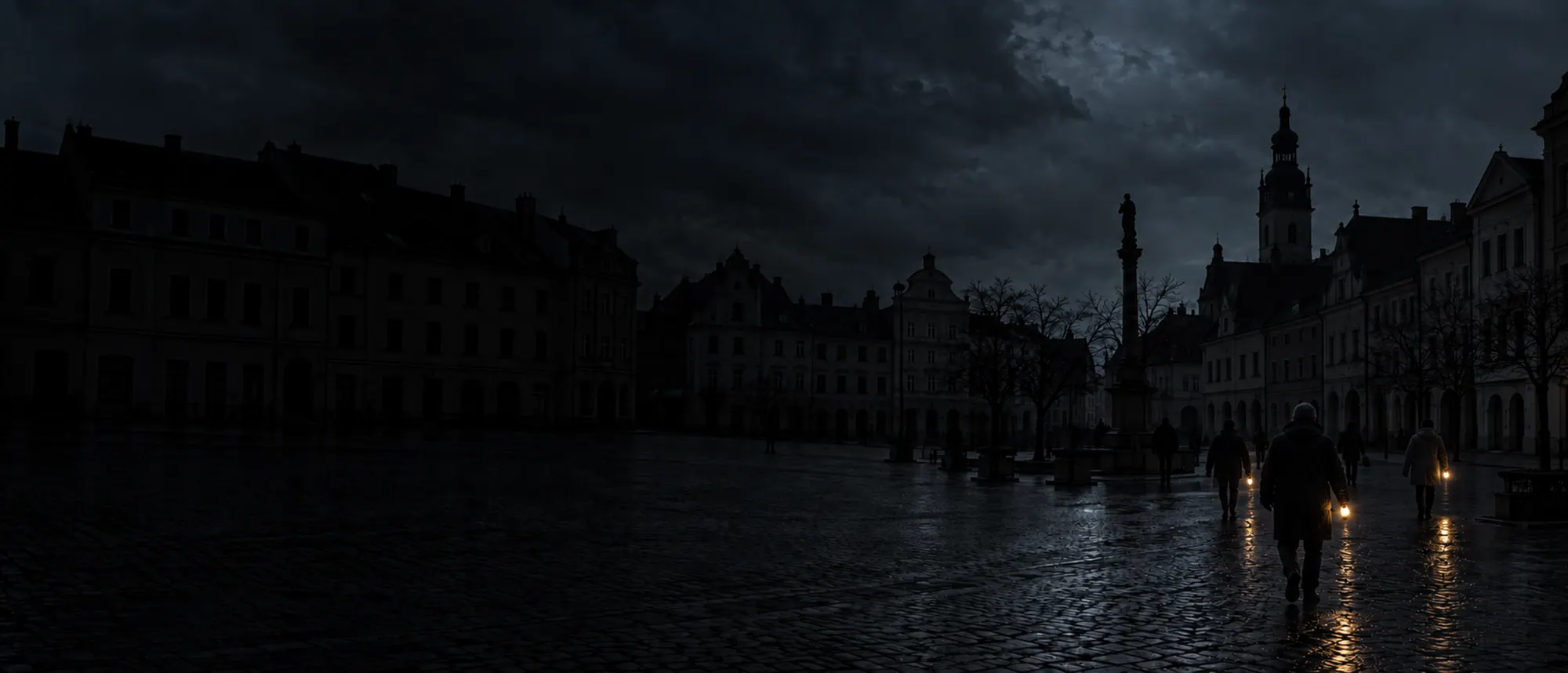 Rynek małego miasta nocą, bez świateł w oknach, mieszkańcy idą z latarkami po mokrym bruku