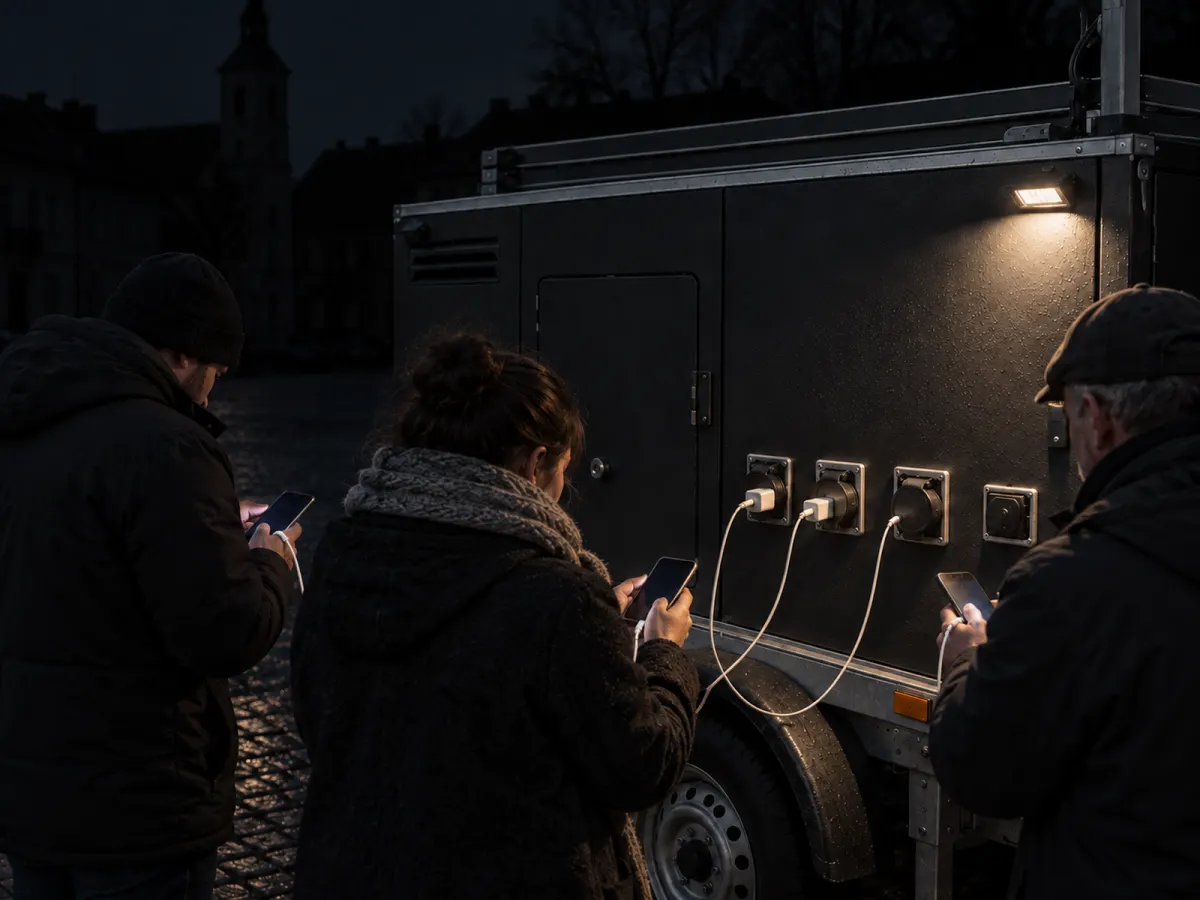 Mieszkańcy ładują telefony z gniazd na boku przyczepy nocą, w świetle lampy nad drzwiami